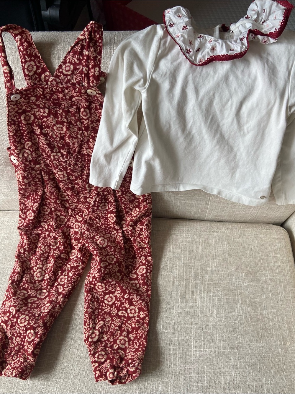Baby Burgundy Overalls with White Ruffled Collar Top